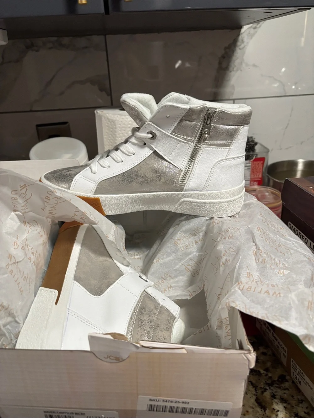 Blowfish White, Silver and Tan High-Top Sneakers#010